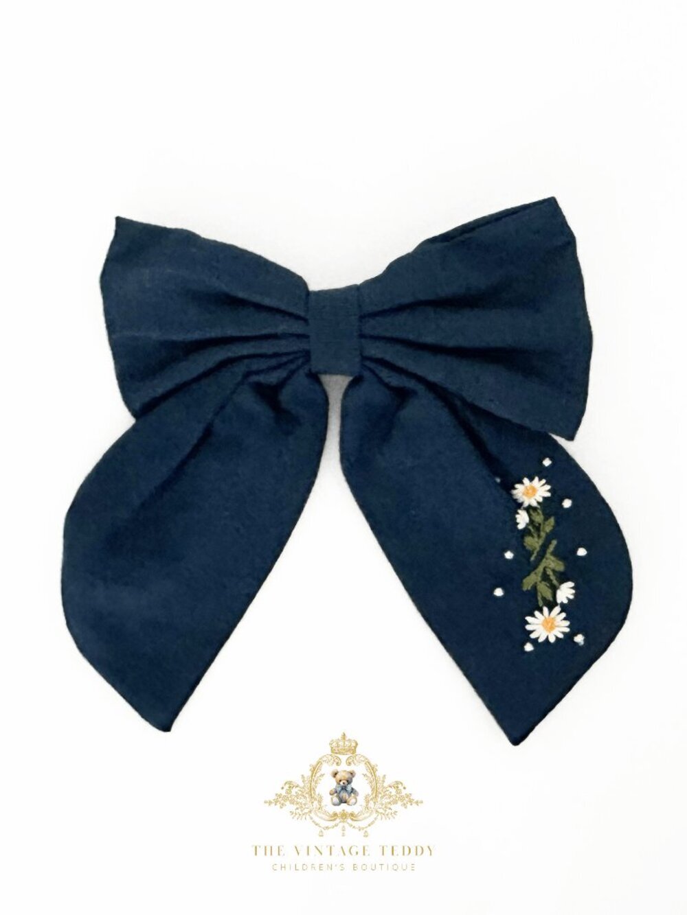 NWT Lovely Girls Embroidered Floral Hair Bow Clip-On Kids Hair Accessory Navy
